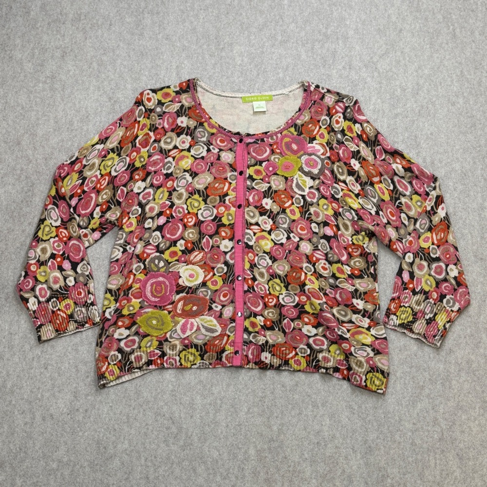 Sigrid Olsen Cardigan XL Pink Floral Silk Blend 3/4 Slv Boho Grandmacore Artsy